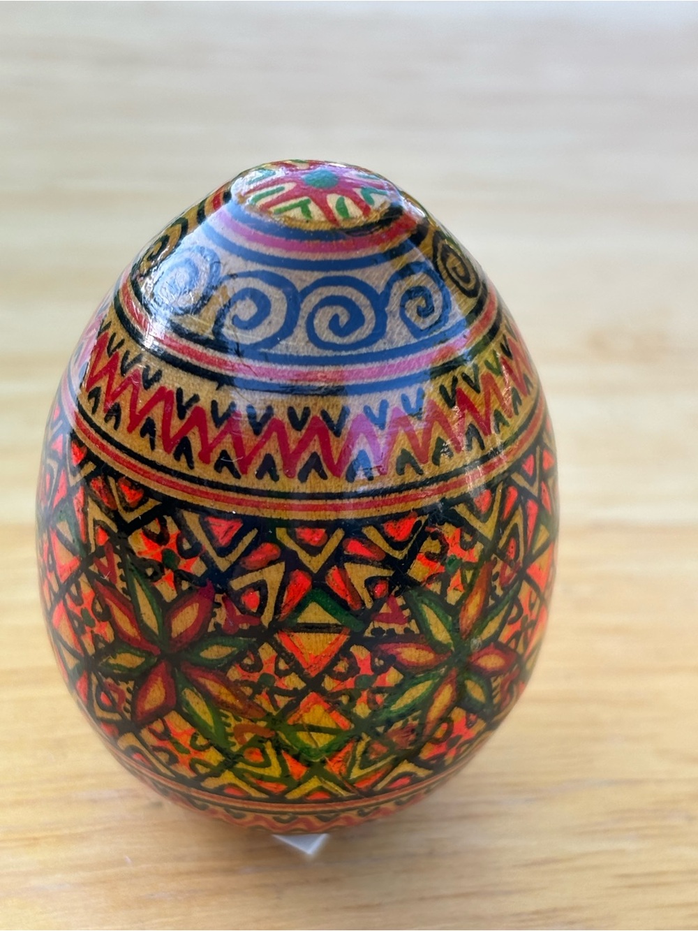 Wooden Hand-Painted Ukrainian Style Decorative Egg - Multicolor Folk Art Accent